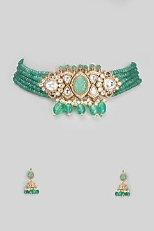 Gold Finish Kundan Polki & Green Stone Choker Necklace Set