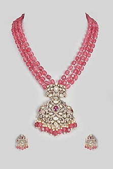 Gold Finish Kundan Polki & Pink Stone Long Necklace Set