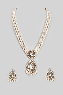 Gold Finish Kundan Polki & Pearl Long Necklace Set
