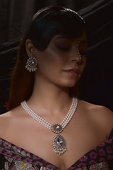 Gold Finish Kundan Polki & Pearl Long Necklace Set