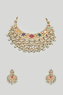 Gold Finish Kundan Polki & Multi-Colored Stones Necklace Set