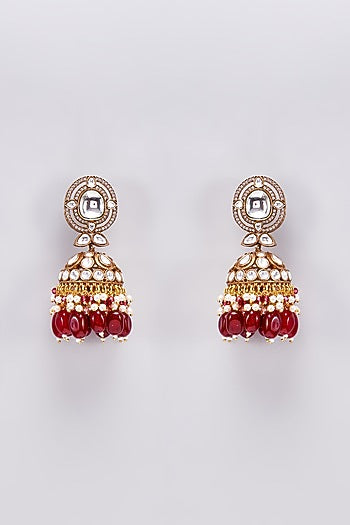 Gold Finish Kundan Polki & Red Beaded Jhumka Earrings