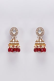 Gold Finish Kundan Polki & Red Beaded Jhumka Earrings