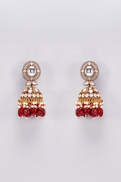 Gold Finish Kundan Polki & Red Beaded Jhumka Earrings