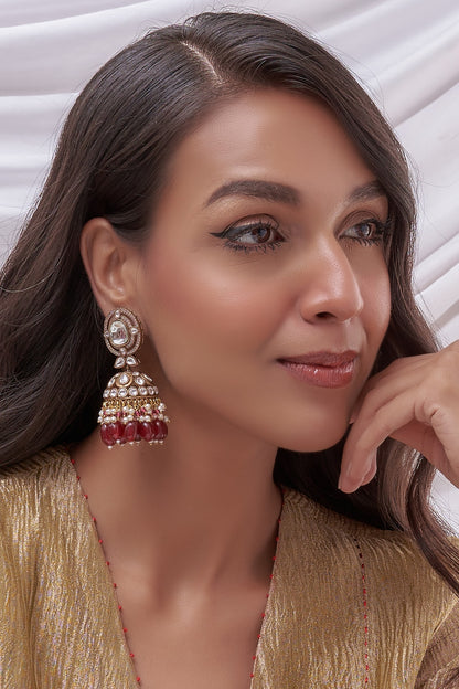 Gold Finish Kundan Polki & Red Beaded Jhumka Earrings