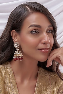 Gold Finish Kundan Polki & Red Beaded Jhumka Earrings