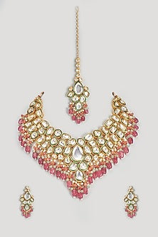 Gold Finish Kundan Polki & Red Beaded Necklace Set