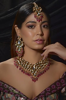 Gold Finish Kundan Polki & Red Beaded Necklace Set
