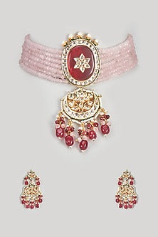 Gold Finish Kundan Polki Choker & Long Necklace Set