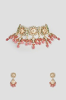 Gold Finish Kundan Polki & Red Beaded Choker Necklace Set