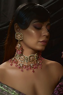 Gold Finish Kundan Polki & Red Beaded Choker Necklace Set