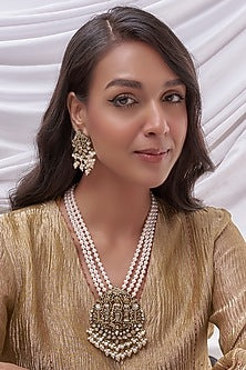 Gold Finish Kundan Polki & Pearl Long Necklace Set