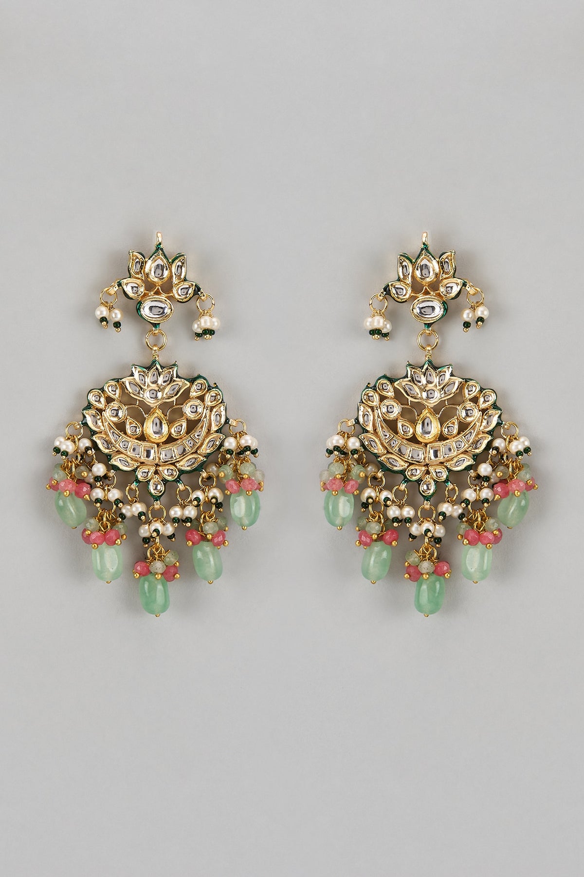 Gold Finish Kundan Polki & Multi-Colored Stone Chandbaali Earrings