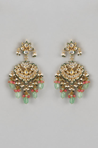 Gold Finish Kundan Polki & Multi-Colored Stone Chandbaali Earrings