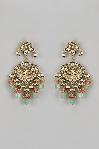 Gold Finish Kundan Polki & Multi-Colored Stone Chandbaali Earrings