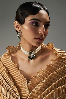 Gold Finish Kundan Polki & Green Stone Choker Necklace Set
