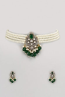Gold Finish Kundan Polki & Green Stone Choker Necklace Set