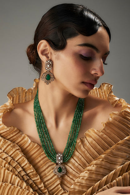 Gold Finish Kundan Polki & Green Stone Long Necklace Set