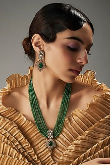 Gold Finish Kundan Polki & Green Stone Long Necklace Set