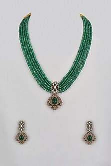Gold Finish Kundan Polki & Green Stone Long Necklace Set