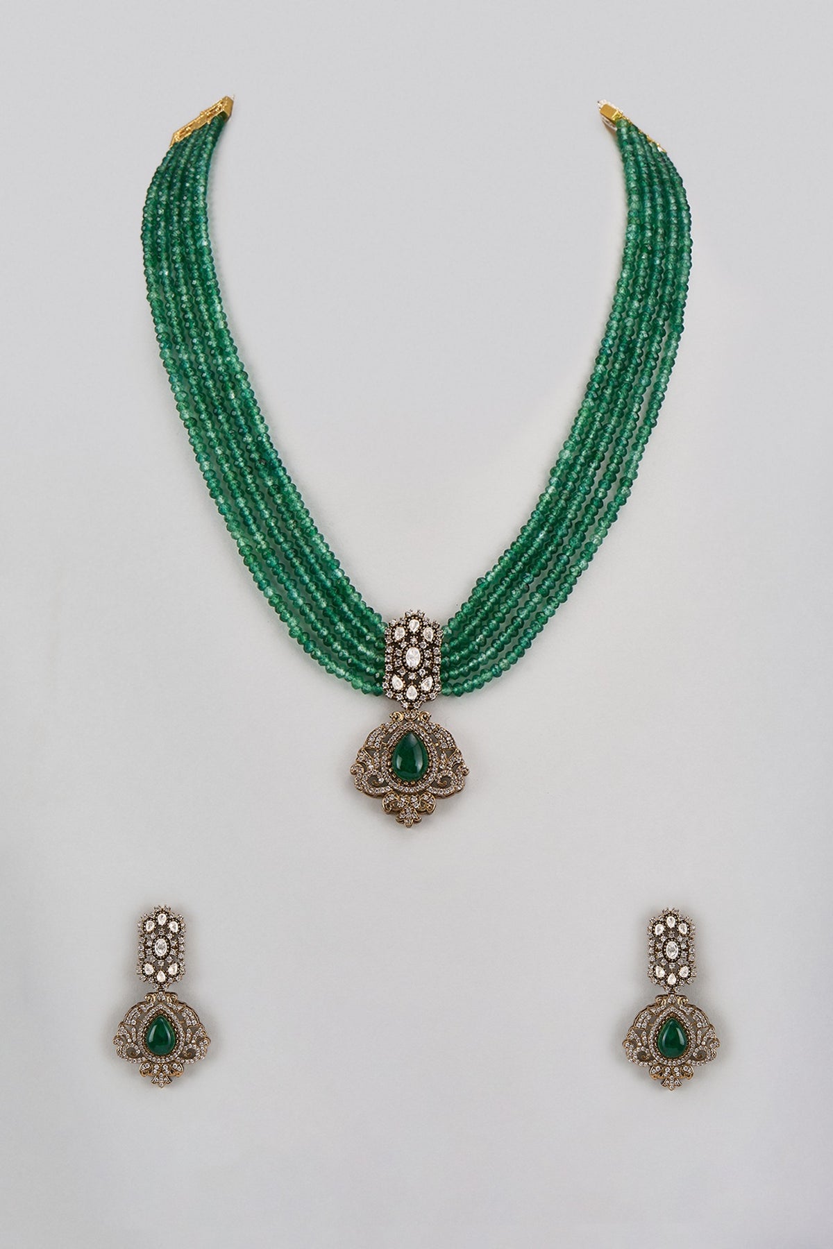 Gold Finish Kundan Polki & Green Stone Long Necklace Set
