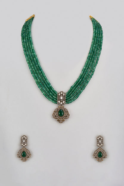 Gold Finish Kundan Polki & Green Stone Long Necklace Set
