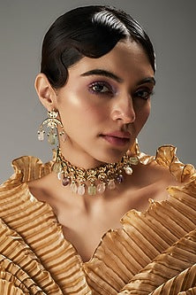 Gold Finish Kundan Polki & Multi-Colored Stone Choker Necklace Set