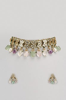 Gold Finish Kundan Polki & Multi-Colored Stone Choker Necklace Set