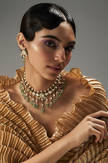 Gold Finish Kundan Polki & Green Stone Necklace Set