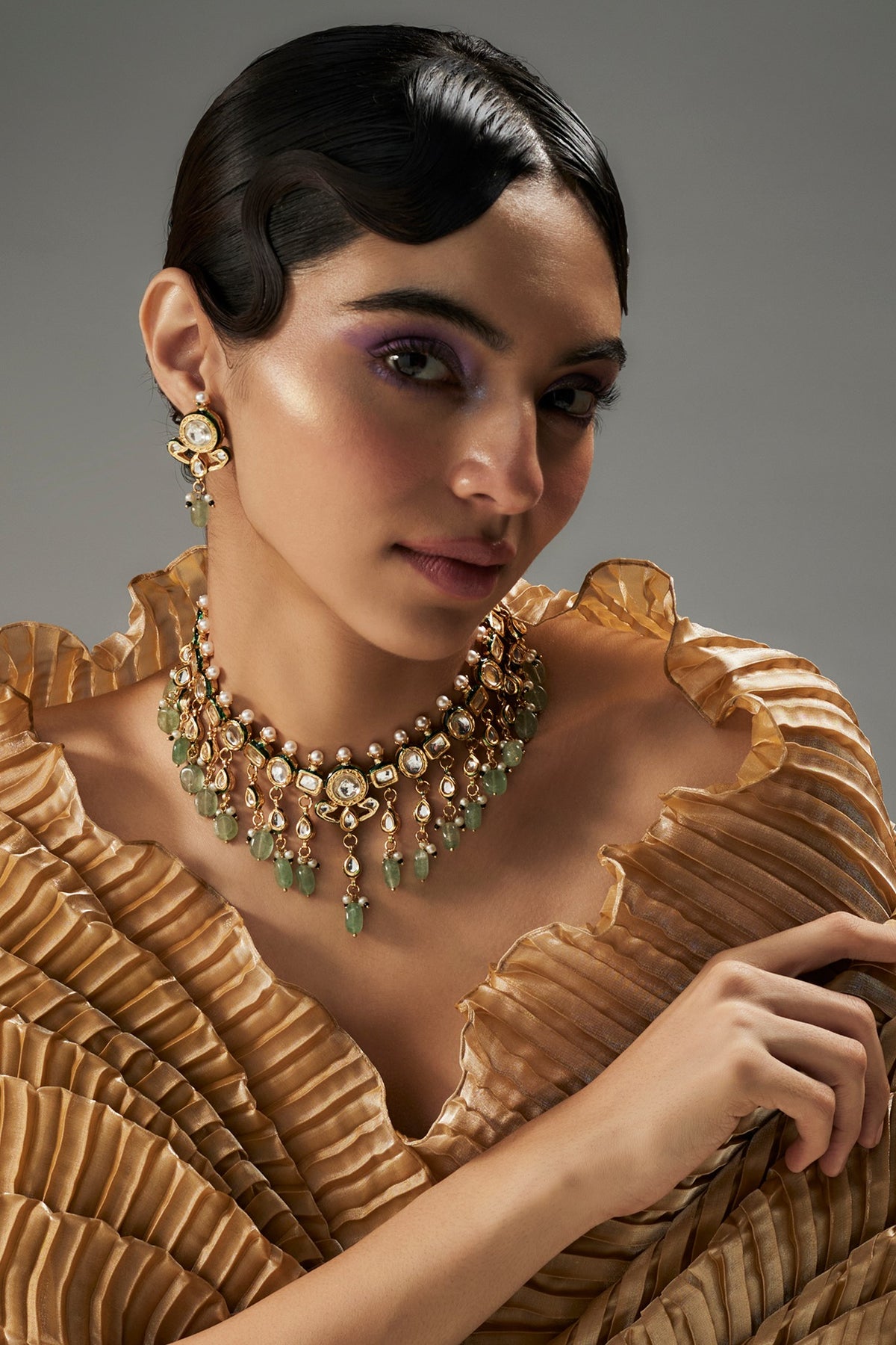 Gold Finish Kundan Polki & Green Stone Necklace Set
