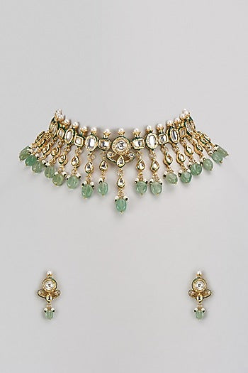 Gold Finish Kundan Polki & Green Stone Necklace Set