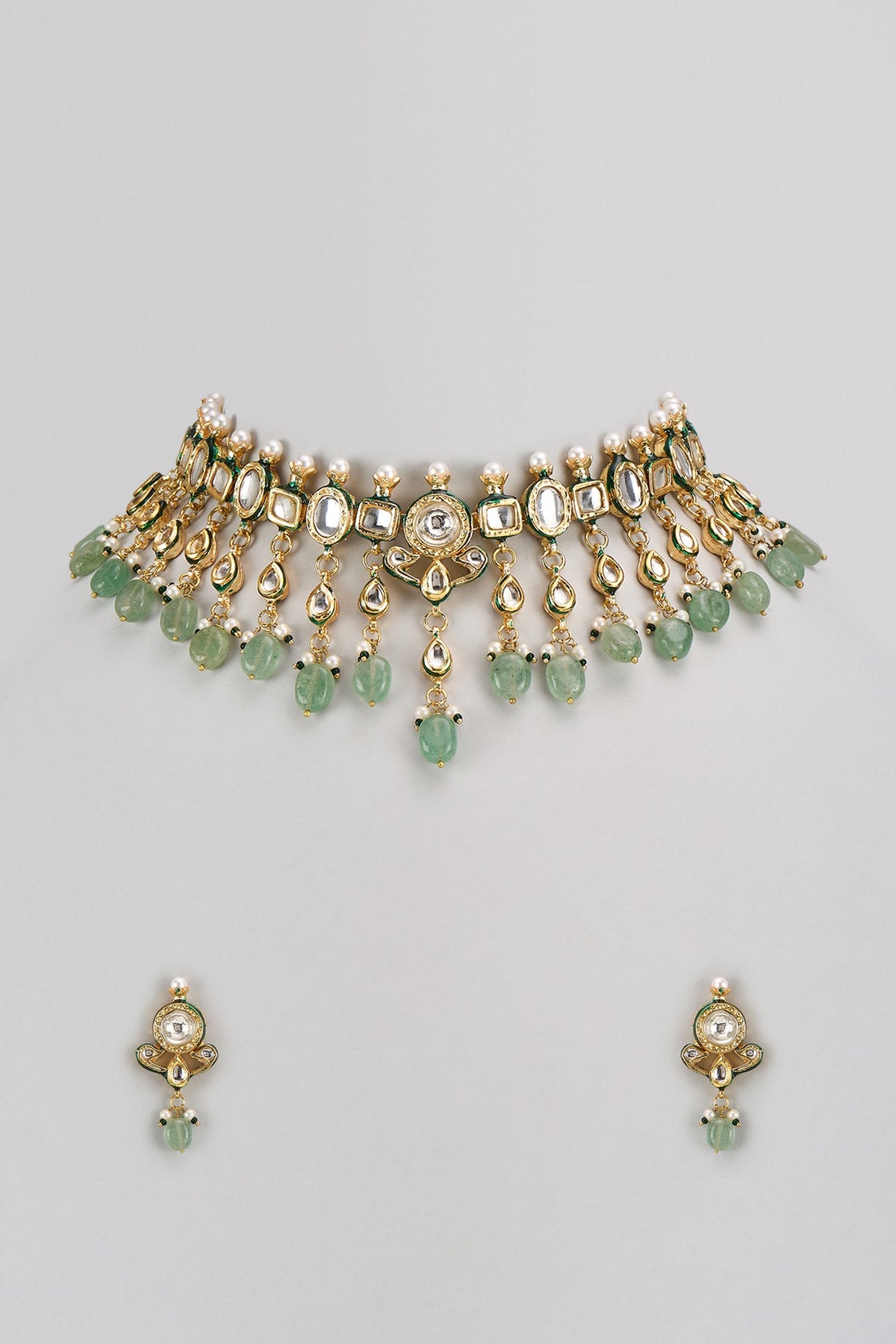 Gold Finish Kundan Polki & Green Stone Necklace Set