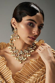 Gold Finish Kundan Polki & Multi-Colored Stone Necklace Set