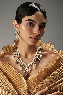 Gold Finish Kundan Polki & Multi-Colored Stone Necklace Set