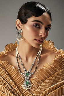 Gold Finish Kundan Polki & Green Stone Long Necklace Set