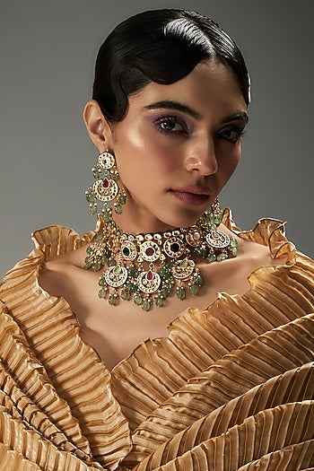 Gold Finish Kundan Polki & Multi-Colored Stone Choker Necklace Set