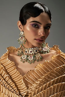 Gold Finish Kundan Polki & Multi-Colored Stone Choker Necklace Set