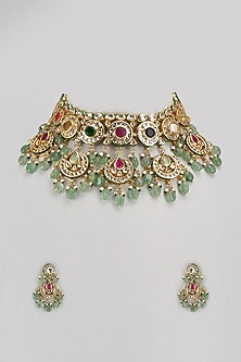 Gold Finish Kundan Polki & Multi-Colored Stone Choker Necklace Set