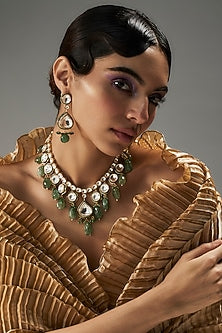 Gold Finish Kundan Polki & Green Stone Necklace Set