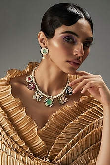 Gold Finish Kundan Polki & Multi-Colored Stone Necklace Set