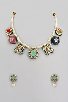 Gold Finish Kundan Polki & Multi-Colored Stone Necklace Set