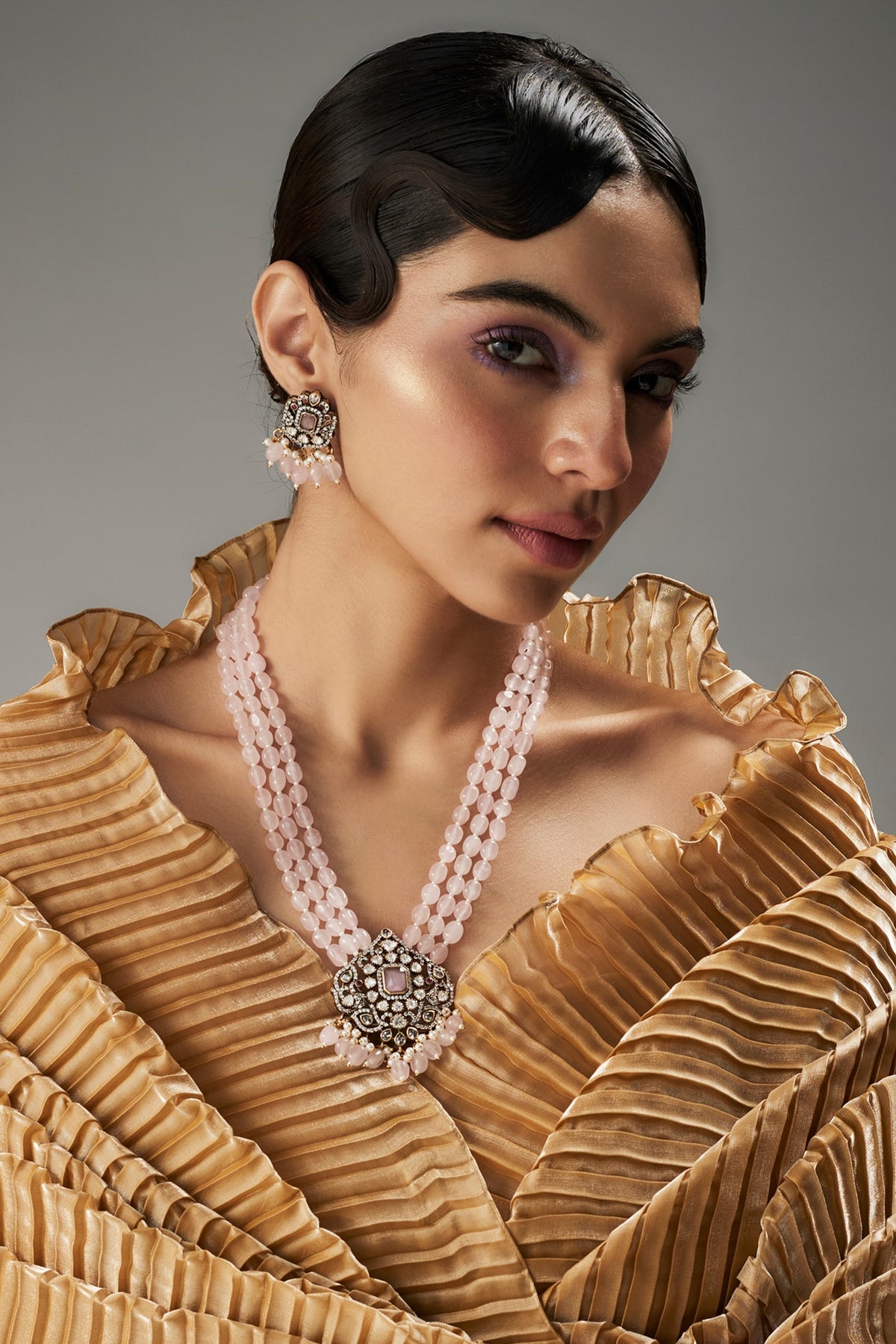 Gold Finish Kundan Polki & Pink Stone Long Necklace Set