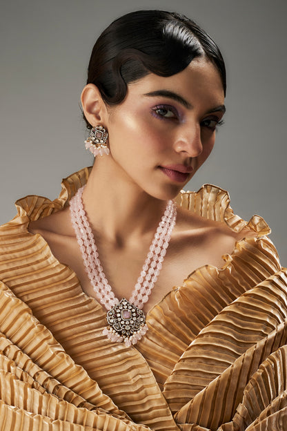 Gold Finish Kundan Polki & Pink Stone Long Necklace Set