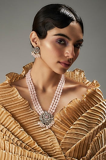 Gold Finish Kundan Polki & Pink Stone Long Necklace Set