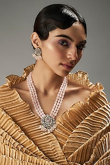 Gold Finish Kundan Polki & Pink Stone Long Necklace Set