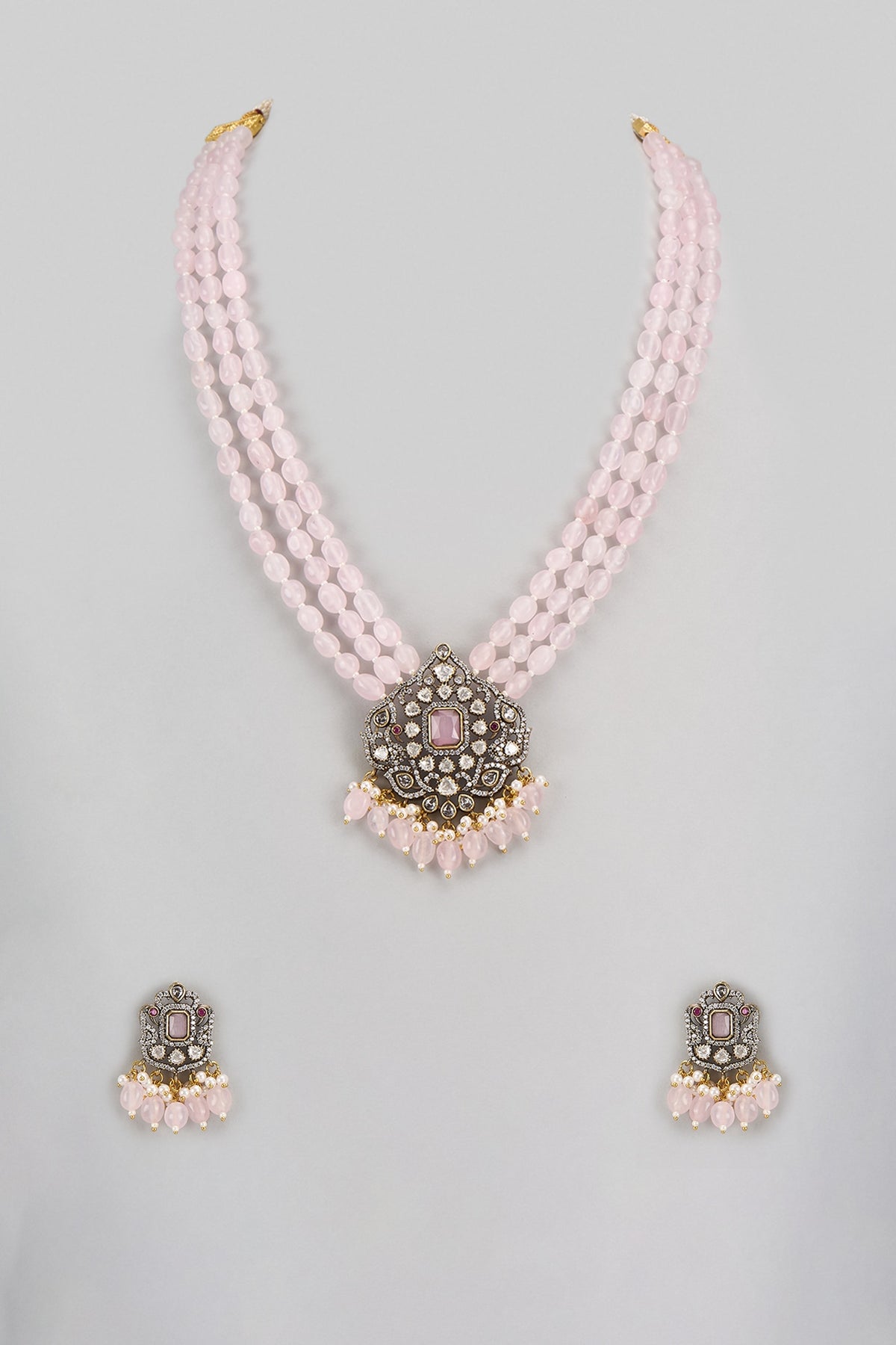 Gold Finish Kundan Polki & Pink Stone Long Necklace Set