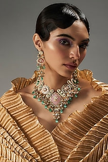 Gold Finish Kundan Polki & Multi-Colored Stone Necklace Set
