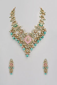 Gold Finish Kundan Polki & Multi-Colored Stone Necklace Set