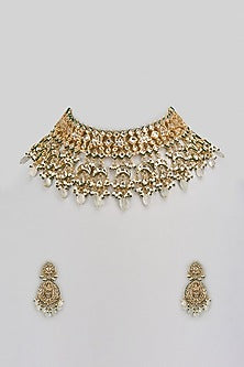 Gold Finish Kundan Polki & Green Stone Choker Necklace Set