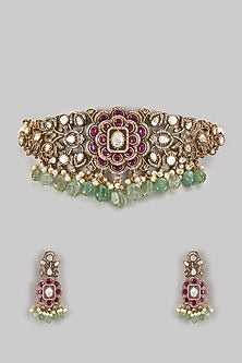 Two-Tone Finish Kundan Polki & Multi-Colored Stone Choker Necklace Set